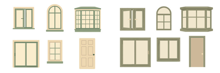 Architectural elements set with various window and door designs for building construction and home renovation projects