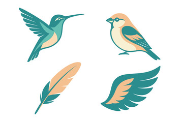 Stylized flying hummingbird, perching sparrow, feather, and wing elements, a versatile collection for various graphic design applications