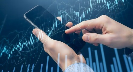 Person holding smartphone with finger touching screen overlaid with stock market graph illustration
