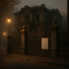 Photorealistic mockup of an abandoned mansion with wrought iron gate, autumn leaves, mist, and empty white poster frame.