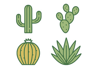 Collection of desert plants including saguaro, prickly pear, barrel cactus, and agave in a stylized graphic design © icon_art