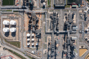 Aerial top view of smart chemical oil refinery plant, power plant industry , Gas Oil depot, Crude...