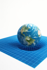Earth and Gravity: A depiction of Earth resting upon a grid, showing the concept of gravitational pull and warping of space-time