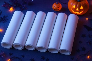 Photorealistic mockup of plain white fabric roll with Halloween neon glow.