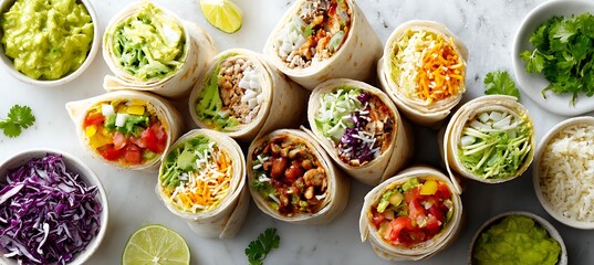 Delicious burrito wraps recipe ideas: healthy mexican food with chicken beef vegetables and fresh ingredients