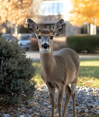 Fototapeta premium Young doe standing alert in suburban neighborhood during autumn, with golden fall foliage and landscaping in background. Wildlife in residential area.