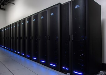 High-resolution photograph of black server cabinets in the center, with rows and columns of white background and gray floor tiles.