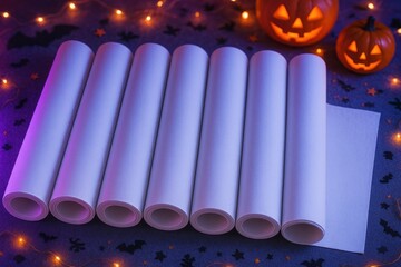 Photorealistic mockup of plain white fabric roll with Halloween neon glow.