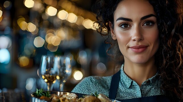 Young mixed race female bartender with curly hair smiling behind bar counter with wine glass and blurred bokeh lights in background. Hospitality industry concept.