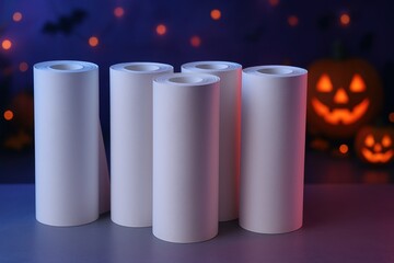 Photorealistic mockup of plain white paper rolls with Halloween neon atmosphere.