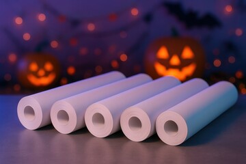 Photorealistic mockup of plain white paper rolls with Halloween neon atmosphere.