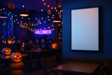 Photorealistic mockup of café interior with neon Halloween decorations, pumpkins, string lights, and empty white poster frame.