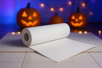 Photorealistic mockup of plain white paper roll with Halloween neon atmosphere.