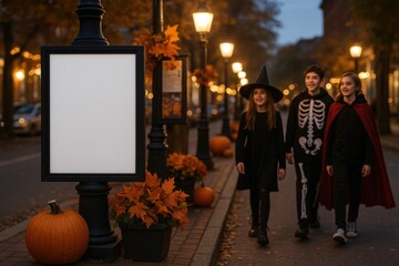 Photorealistic city street scene at twilight with lampposts and bulletin boards decorated for Halloween, teens in costumes, and empty white poster frame.