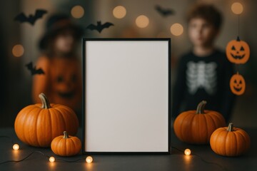 Scene with Halloween decorations, soft glowing lights, children or teens in costumes, and empty white poster frame.