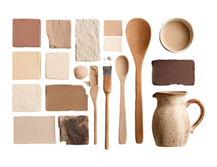Collection of kitchenware and ingredients in neutral tones isolated on transparent background, flat lay composition