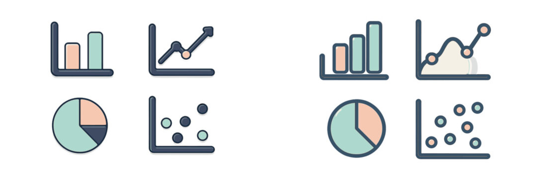 Business data visualization charts and graphs for analytics, statistics, and financial reporting, including bar, line, pie, and scatter plots