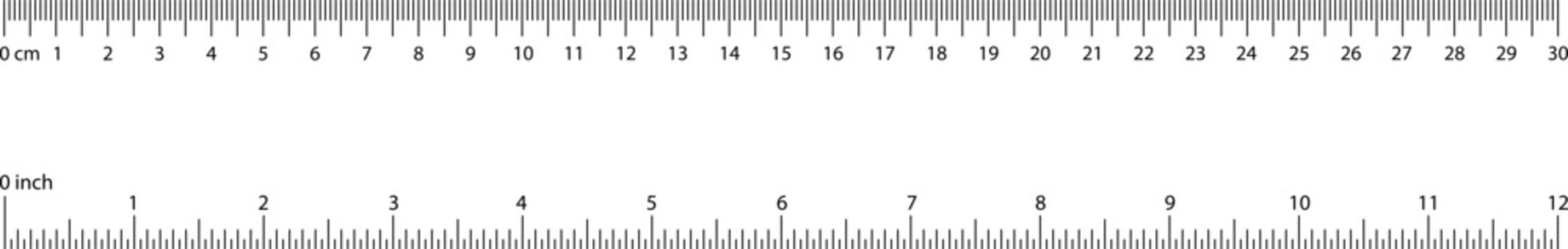 Vector illustration of a measuring ruler showing dual scale in centimeters (0&ndash;30 cm) and inches (0&ndash;12 in). Precision tool for education, design, drafting, and technical projects