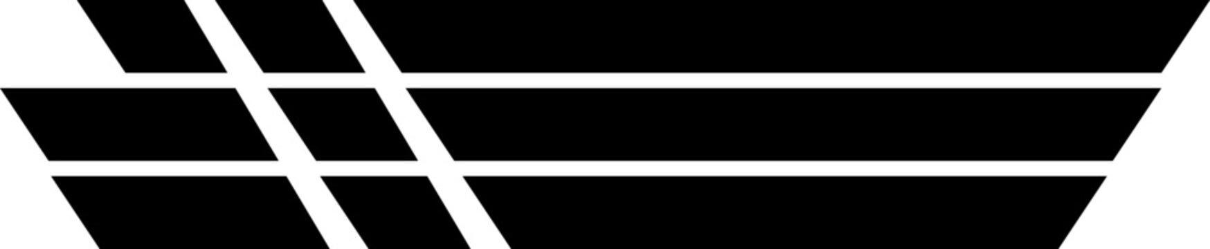 Bold black geometric speed stripes forming stacked parallelograms. Dynamic racing-inspired vector element for sports graphics, decals, automotive branding, and modern layouts.