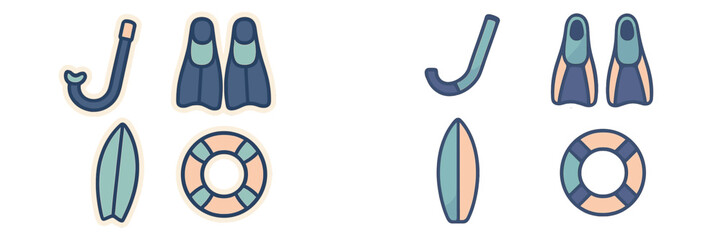 Summer vacation beach and water sports equipment set with snorkel, fins, surfboard, and lifebuoy for ocean activities