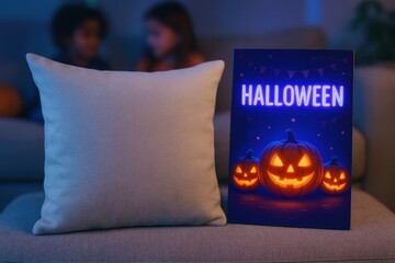 Photorealistic mockup of square pillow with Halloween neon glow, pumpkins, and festive cozy background.