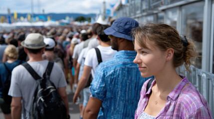 Fototapeta premium A woman stands calmly in a crowded festival atmosphere, highlighting the contrast between individual serenity and communal excitement in a vibrant outdoor setting.