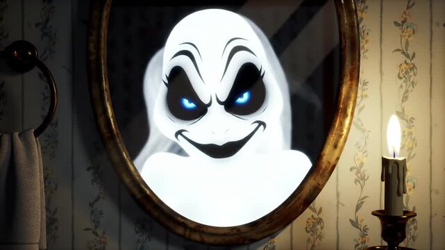 A spooky ghost with glowing blue eyes reflected in a mirror