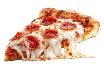 A delicious slice of pepperoni pizza with melted mozzarella cheese isolated on transparent background
