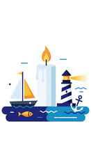 Obraz premium Nautical vector illustration with candle lighthouse and sailboat.