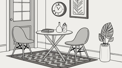 Fototapeta premium Small room interior design with table chairs and plant illustration.