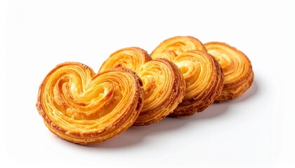 Fototapeta premium Golden Palmier Puff Pastry Cookies Against a Clean White Backdrop, pastry Cookies,