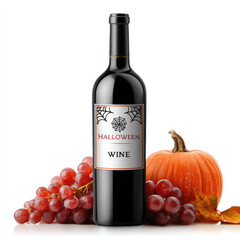 Obraz premium Halloween themed wine bottle with spider web label and autumn decorations for festive celebrations
