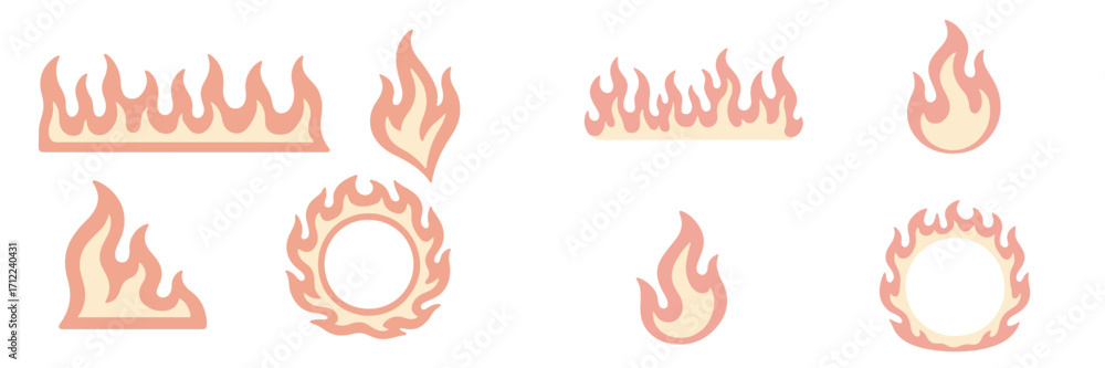Poster Stylized flame shapes in various forms and sizes, including borders and circular frames, in a modern graphic style