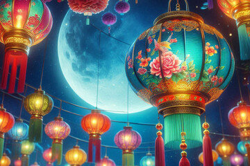 Lantern hanging at mid autumn festival mooncake with blue green yellow red purple color in night sky