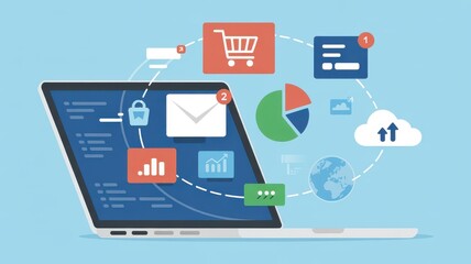 Digital business and technology concepts visualized with a laptop and interconnected icons representing data and services