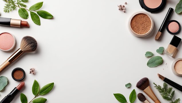 Flat lay of makeup and natural elements.  Cosmetic products, brushes, leaves, and flowers arranged around a white background