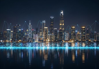 Fototapeta premium Modern city skyline at night with glowing lights and digital network connections across the water