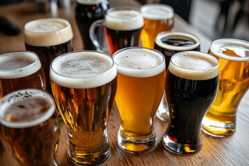 many glasses of beer on wooden table