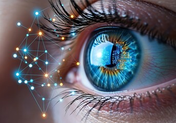 Closeup of a human eye with a digital network overlay, symbolizing artificial intelligence and data analysis