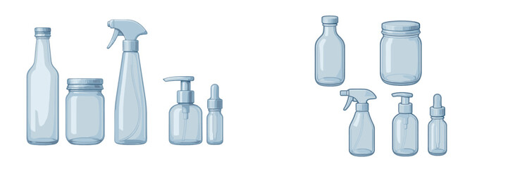 Collection of empty clear glass and plastic bottles jars and spray pump dropper containers for reusable products
