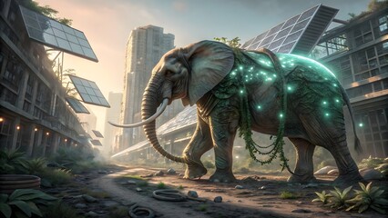 Obraz premium Majestic elephant glowing in futuristic cityscape with solar panels