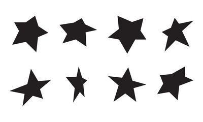 Different angles star icon. Set of bright black star shapes with varied designs displayed on a white background, useful for decoration, symbols, and graphic projects.
