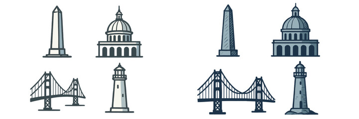 Iconic American landmarks set featuring famous monuments, government buildings, and coastal bridges
