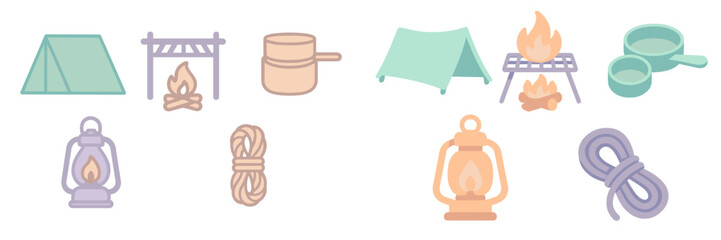 Collection of outdoor recreation and adventure elements featuring camping essentials such as tents, campfires, lanterns, and ropes