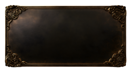 Antique Brass Signage: A captivating, meticulously crafted vintage brass sign, its surface subtly aged, showcasing detailed ornamental cornerwork, ideal for text overlay and historical context.