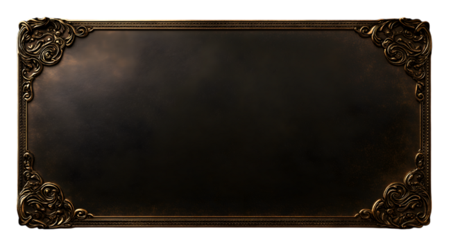 Antique Brass Signage: A captivating, meticulously crafted vintage brass sign, its surface subtly aged, showcasing detailed ornamental cornerwork, ideal for text overlay and historical context.