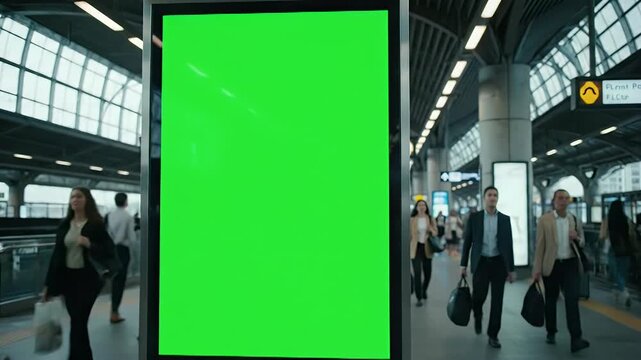 Vertical Green Screen Digital Billboard in Modern Transit Station with People Walking