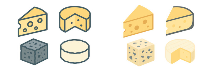 Variety of cheese types presented as graphic icons, showcasing different shapes like wedges, wheels, and cubes