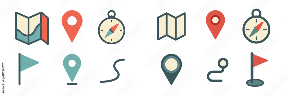 Poster comprehensive collection of navigation and location icons for travel, mapping, and geographic applic