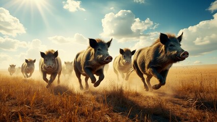 Lots of wild boars are running in the field